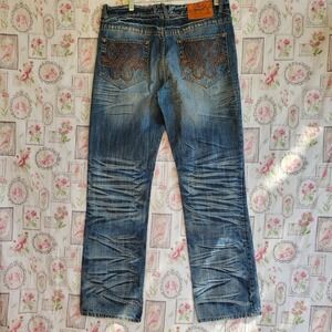 AKOO Men's Distressed Blue Denim Jeans Embroidered Pockets Hip Hop Streetwear 34